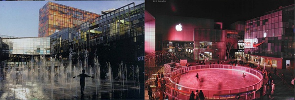 三里屯Village广场内喷泉夏天和冬天的场景